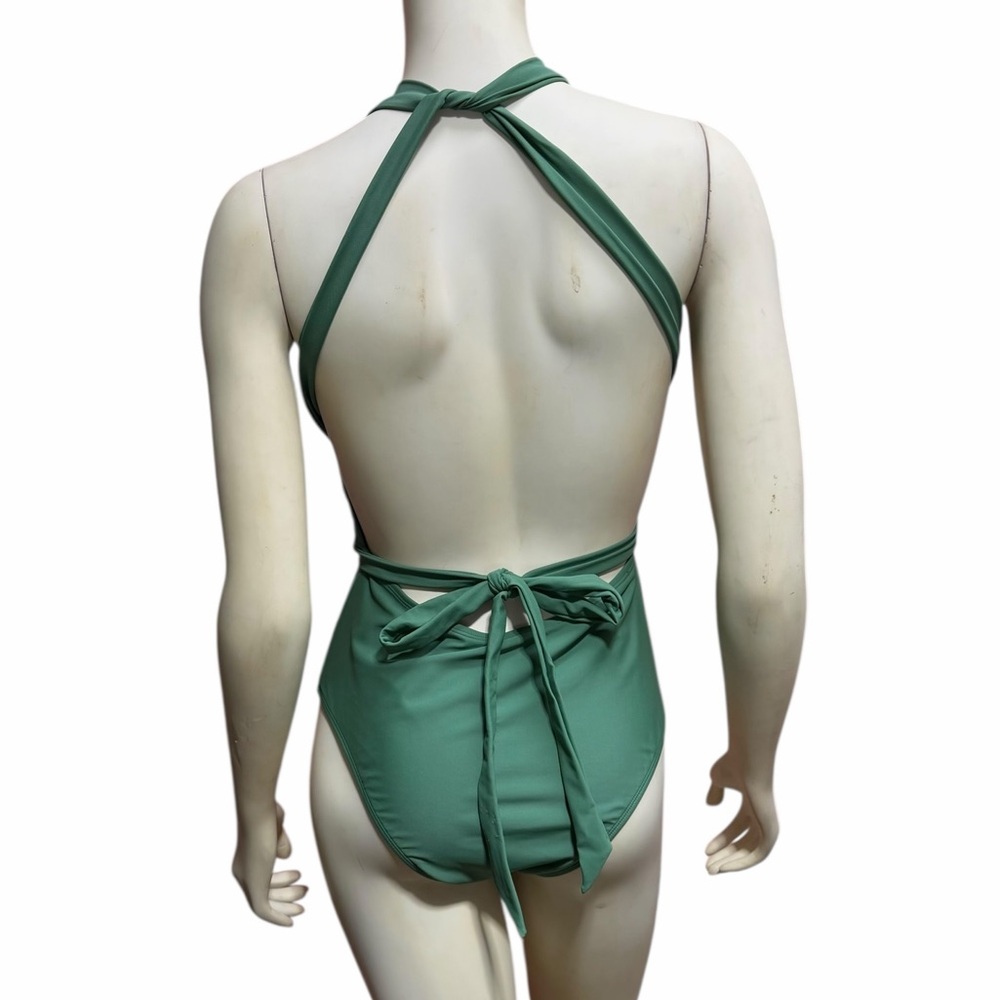 NWT Cupshe Green Halter One Piece Swimsuit Plunge Neck Wrap Tie Padded Size M - Picture 4 of 11